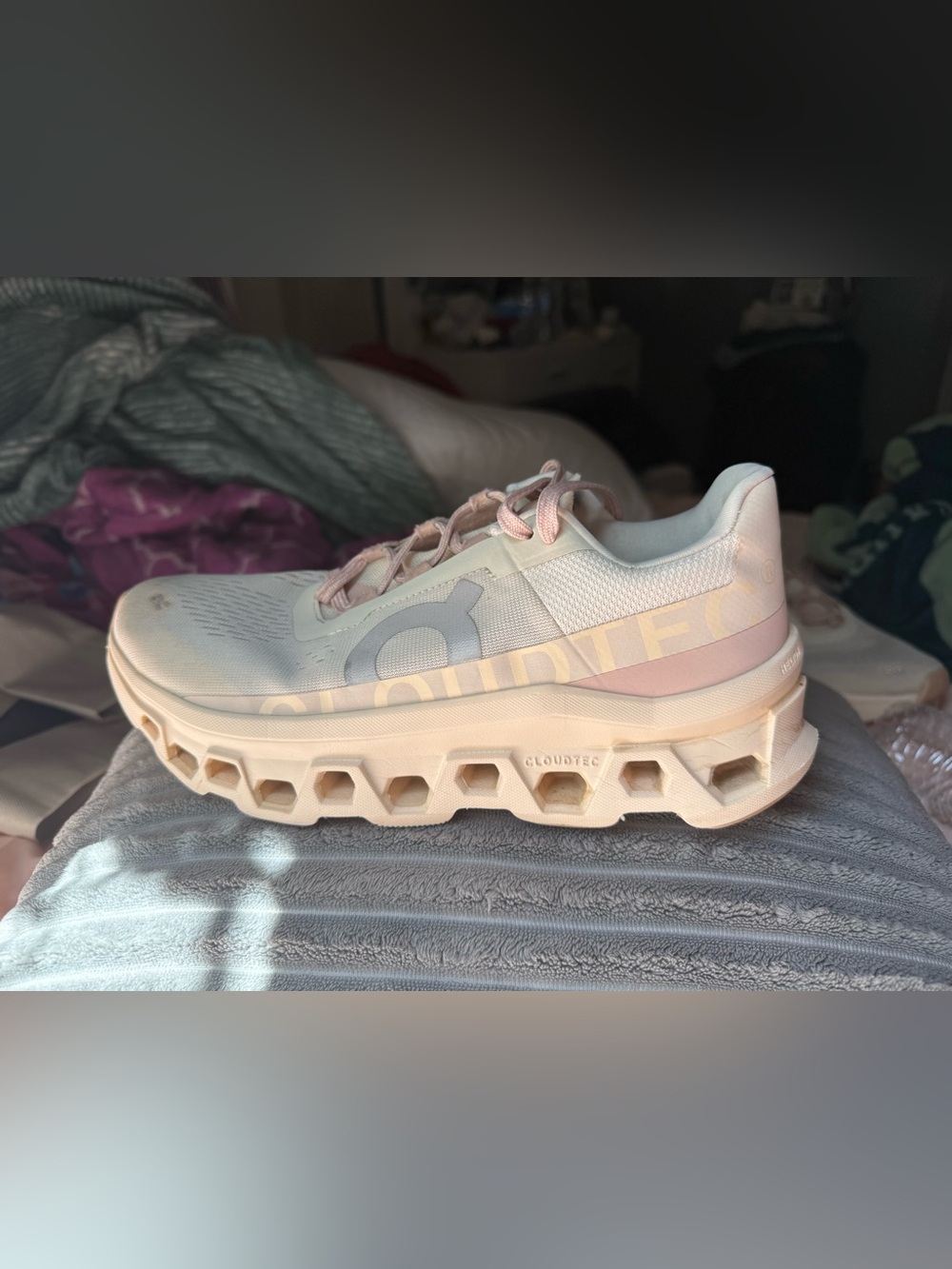 On Running Cloudmonster Cloudtec Monster Athletic Sneakers Pink and Cream